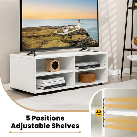 Minimalistic TV Stand with 5-Position Adjustable Shelves and Ample Storage in White