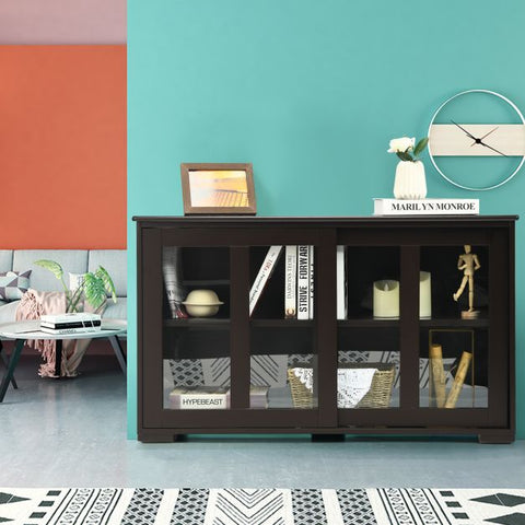 Sideboard Cabinet with Sliding Glass Doors and Adjustable Shelf-Brown