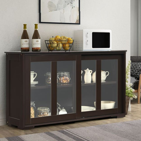 Sideboard Cabinet with Sliding Glass Doors and Adjustable Shelf-Brown