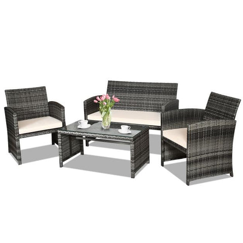 Garden Wicker Furniture Set with Table and Soft Cushions in White