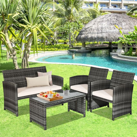Garden Wicker Furniture Set with Table and Soft Cushions in White