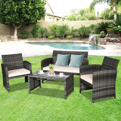 Garden Wicker Furniture Set with Table and Soft Cushions in White