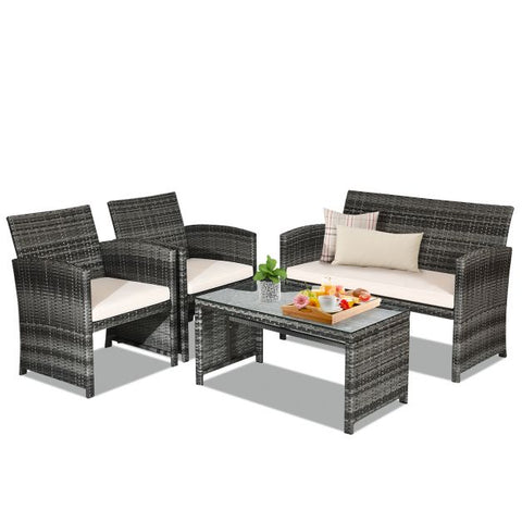 Garden Wicker Furniture Set with Table and Soft Cushions in White