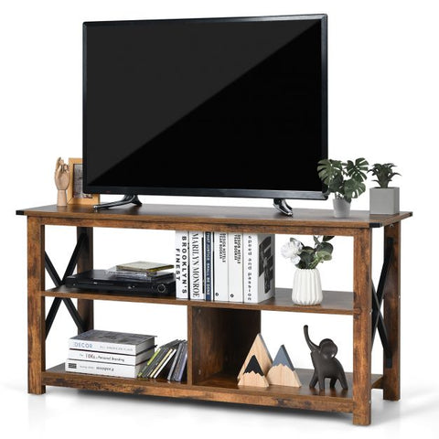 Rustic TV Stand with X-Shaped Frame and Spacious Open Design for Ample Storage