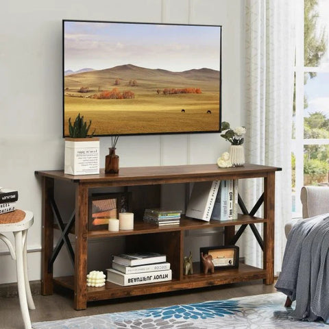 Rustic TV Stand with X-Shaped Frame and Spacious Open Design for Ample Storage