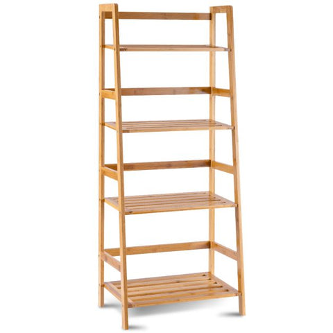 Patio 4 Tier Bamboo Wood Plant Stand Slatted Design and Rear Bar