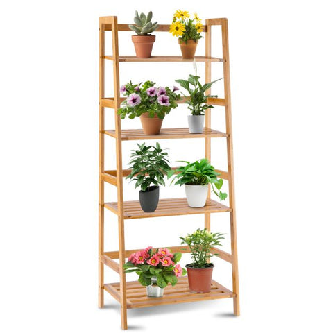 Patio 4 Tier Bamboo Wood Plant Stand Slatted Design and Rear Bar