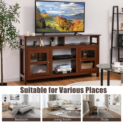 Vintage Multi-Use TV Stand with Double Storage Transparent Cabinet Doors