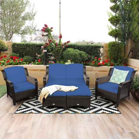 Garden Ottoman and Sofa Furniture Set with Removable Cushions n Navy