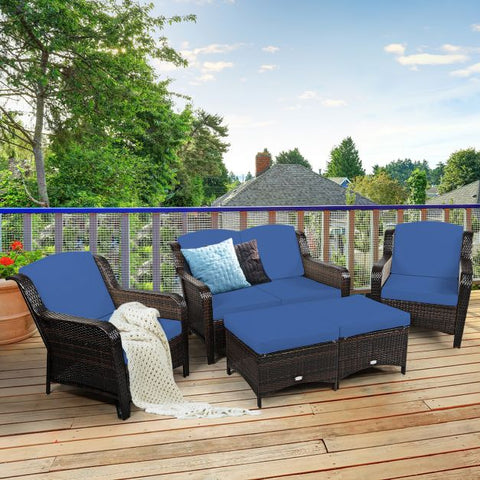 Garden Ottoman and Sofa Furniture Set with Removable Cushions n Navy