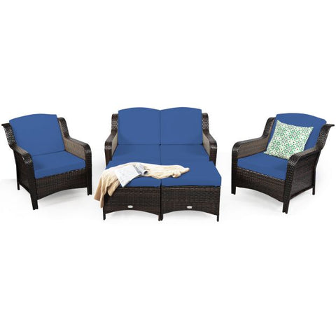 Garden Ottoman and Sofa Furniture Set with Removable Cushions n Navy