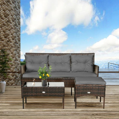 Garden Wicker Furniture Set with Tempered Glass table and Cushions in White