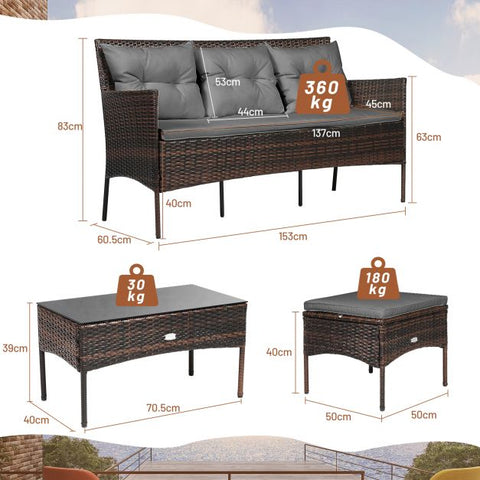 Garden Wicker Furniture Set with Tempered Glass table and Cushions in White