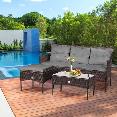 Garden Wicker Furniture Set with Tempered Glass table and Cushions in White
