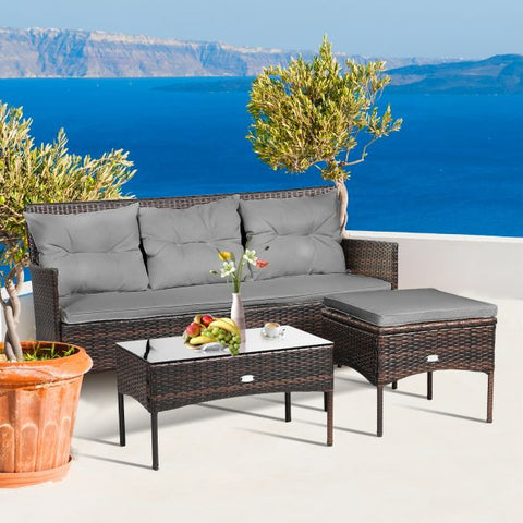 Garden Wicker Furniture Set with Tempered Glass table and Cushions in White