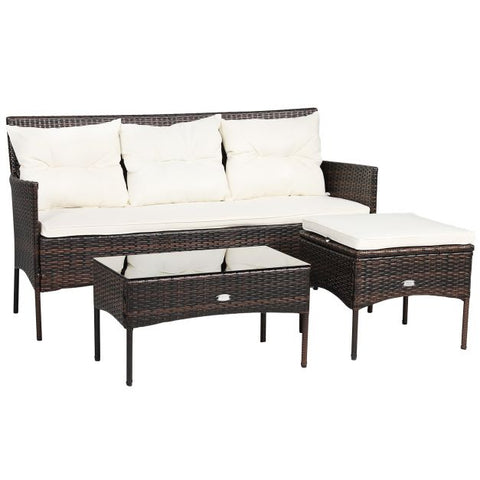 Garden Wicker Furniture Set with Tempered Glass table and Cushions in White