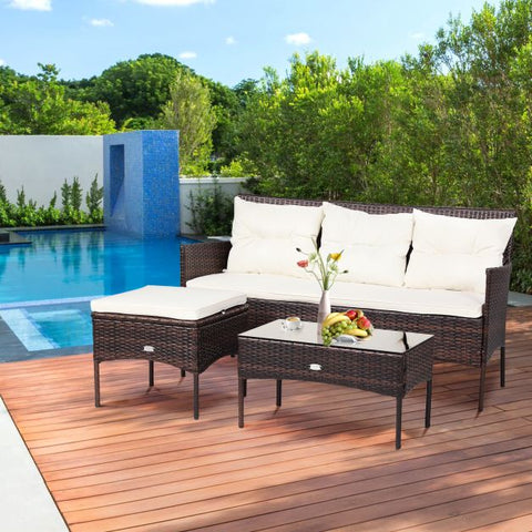 Garden Wicker Furniture Set with Tempered Glass table and Cushions in White