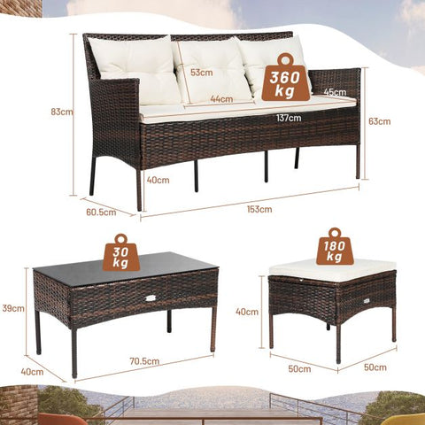 Garden Wicker Furniture Set with Tempered Glass table and Cushions in White