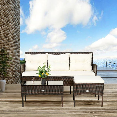 Garden Wicker Furniture Set with Tempered Glass table and Cushions in White