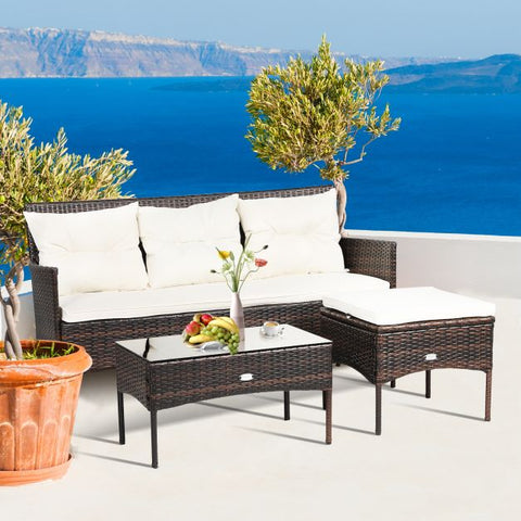 Garden Wicker Furniture Set with Tempered Glass table and Cushions in White