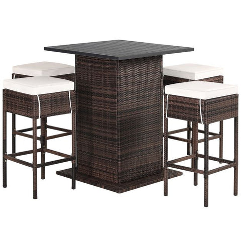 Outdoor Bar Stools and Table set with Storage Shelves and removable cushions in White
