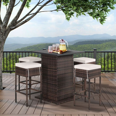 Outdoor Bar Stools and Table set with Storage Shelves and removable cushions in White