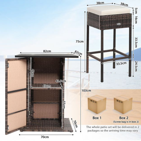 Outdoor Bar Stools and Table set with Storage Shelves and removable cushions in White