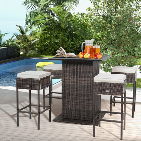 Outdoor Bar Stools and Table set with Storage Shelves and removable cushions in White