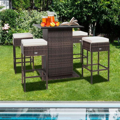 Outdoor Bar Stools and Table set with Storage Shelves and removable cushions in White