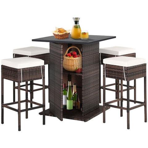 Outdoor Bar Stools and Table set with Storage Shelves and removable cushions in White