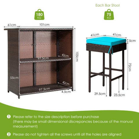 Garden Bar Table and Stools Set with soft cushions in Turquoise