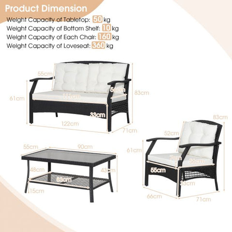 Patio Conversation Furniture Set with Coffee Table and soft cushions in White