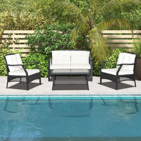 Patio Conversation Furniture Set with Coffee Table and soft cushions in White