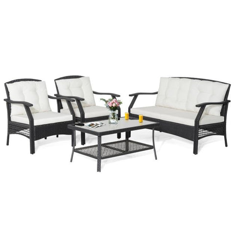 Patio Conversation Furniture Set with Coffee Table and soft cushions in White