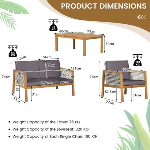 Outdoor Wicker Furniture Set with Loveseat and Coffee Table in Grey