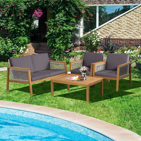 Outdoor Wicker Furniture Set with Loveseat and Coffee Table in Grey