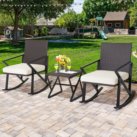 Garden Rattan Bistro Set with Coffee Table and Rocking Chairs