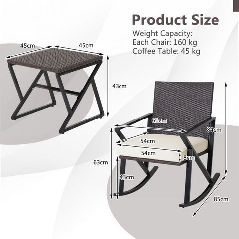 Garden Rattan Bistro Set with Coffee Table and Rocking Chairs
