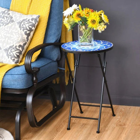 Stylish Foldable Side Table with Mosaic design in Ceramic Tile