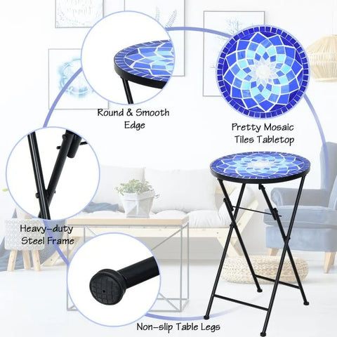 Stylish Foldable Side Table with Mosaic design in Ceramic Tile