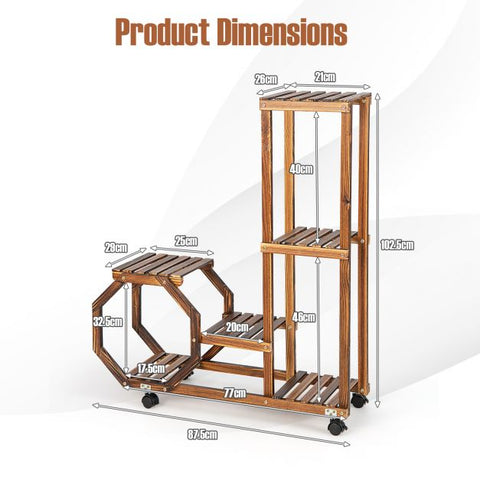 Patio Multi-Purpose Pine Wood Plant Stand with Wheels in Brown