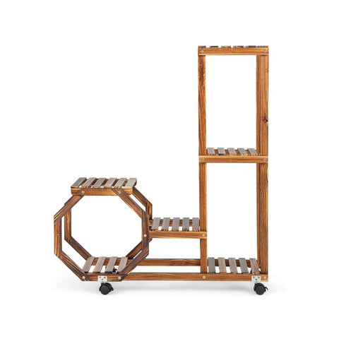 Patio Multi-Purpose Pine Wood Plant Stand with Wheels in Brown