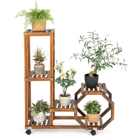 Patio Multi-Purpose Pine Wood Plant Stand with Wheels in Brown