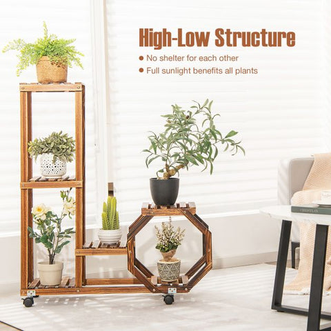 Patio Multi-Purpose Pine Wood Plant Stand with Wheels in Brown