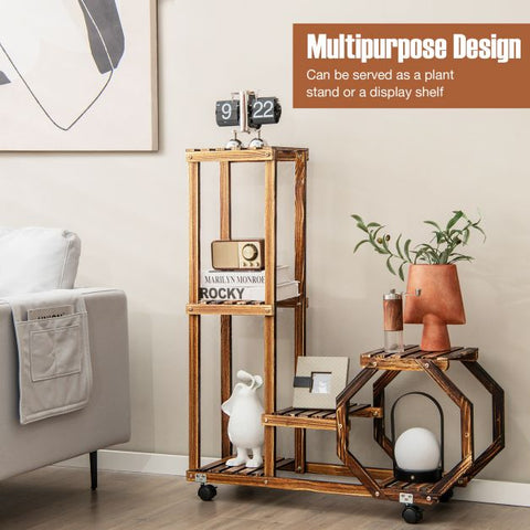Patio Multi-Purpose Pine Wood Plant Stand with Wheels in Brown