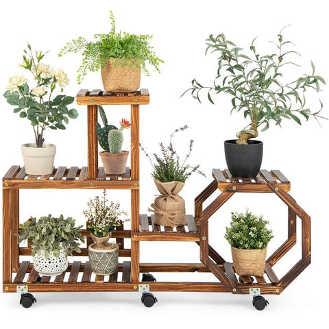 Patio Multi-Purpose Small Pine Wood Plant Stand with Wheels in Brown