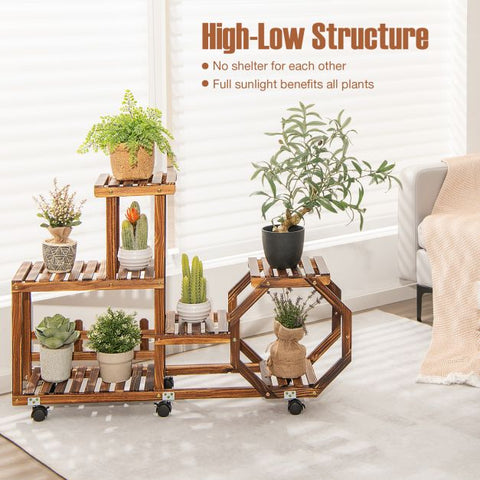 Patio Multi-Purpose Small Pine Wood Plant Stand with Wheels in Brown