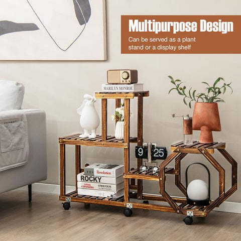Patio Multi-Purpose Small Pine Wood Plant Stand with Wheels in Brown