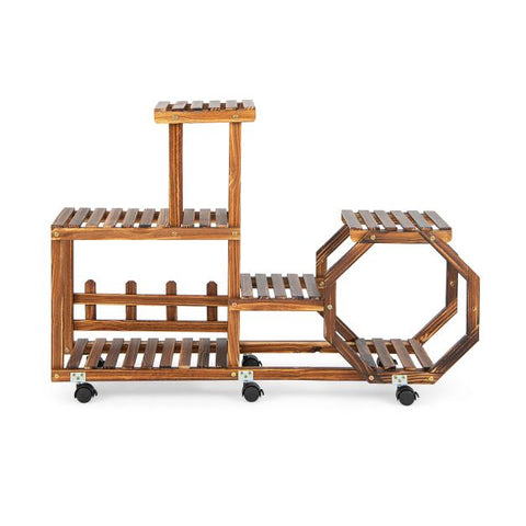 Patio Multi-Purpose Small Pine Wood Plant Stand with Wheels in Brown