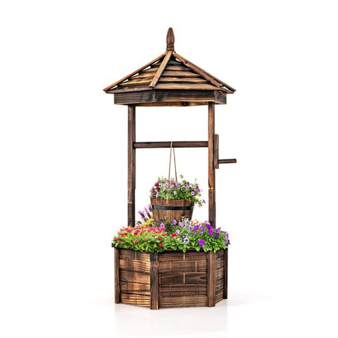 Outdoor Fir Wood Hexagonal Wishing Well Flower Planter in Brown